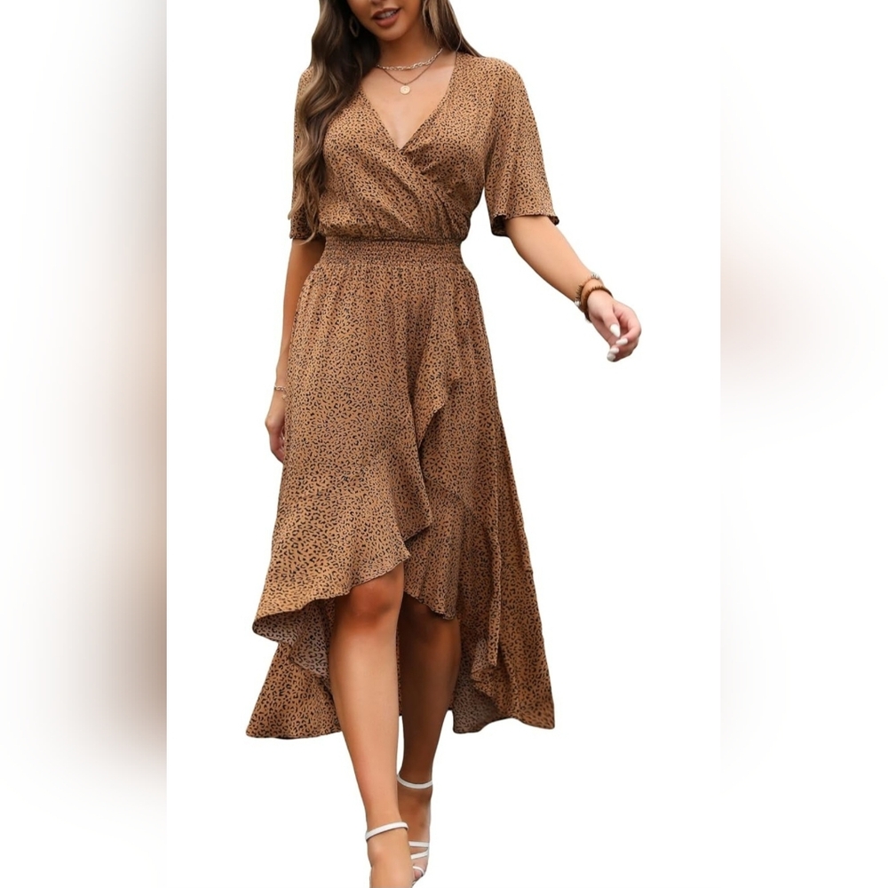 Elegant Brown Animal Print Faux Wrap High Low Dress